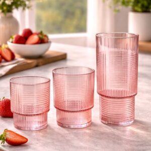 Rose Line pembe çizgili cam bardak seti üç farklı bo