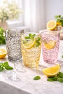 Dokulu renkli cam bardak seti füme amber pembe