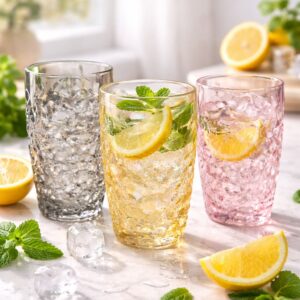 Dokulu renkli cam bardak seti füme amber pembe